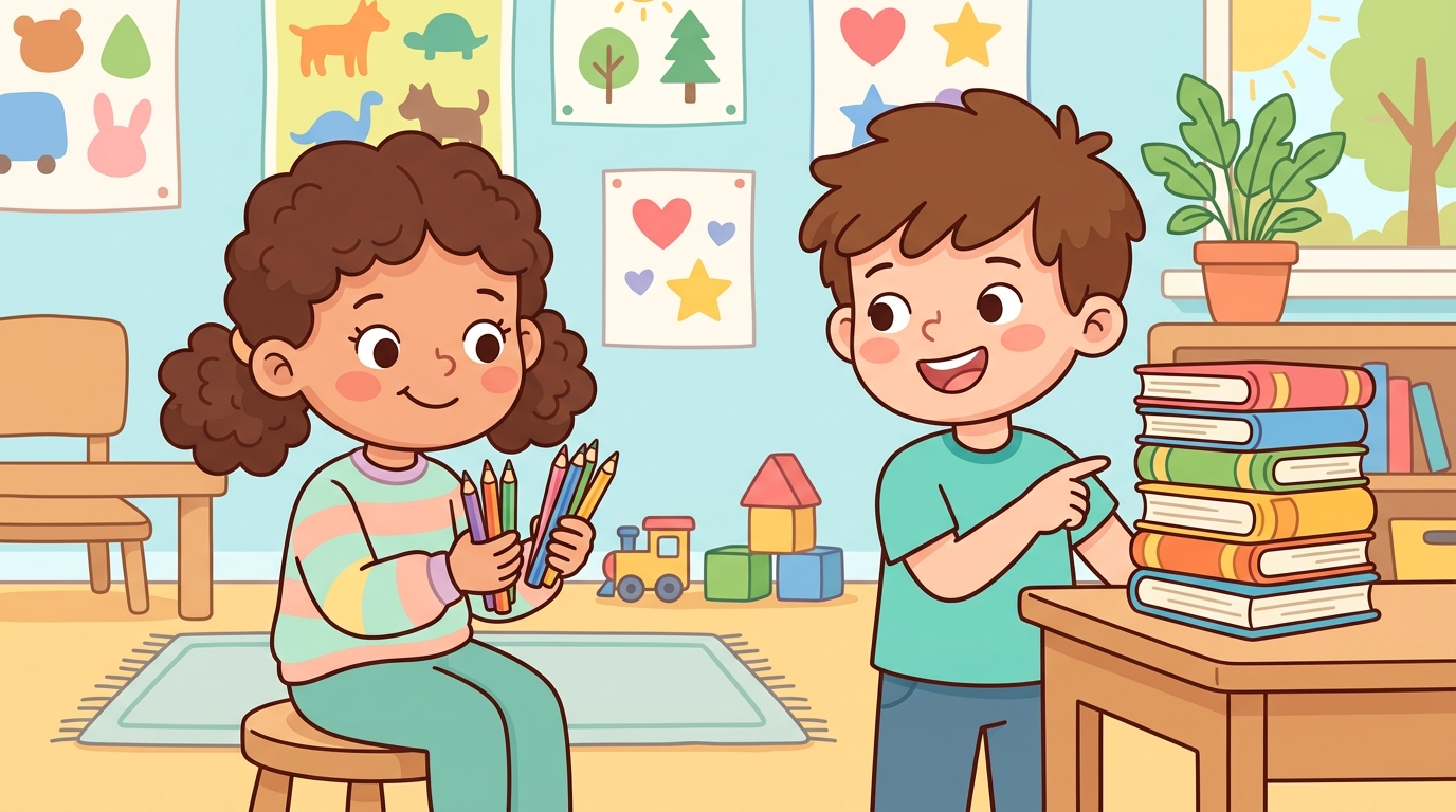 Nora holds a handful of pencils while Leo points at a stack of books in their classroom